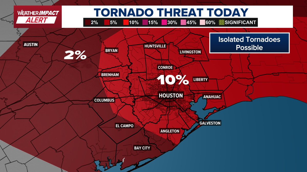 KHOU's tweet photo. WEATHER IMPACT ALERT | We're tracking the possibility of strong to severe storms this evening that could produce damaging winds and even tornadoes.

Latest timeline and what to expect: https://t.co/02YJv9rQAL https://t.co/HvJlxiZ3NZ