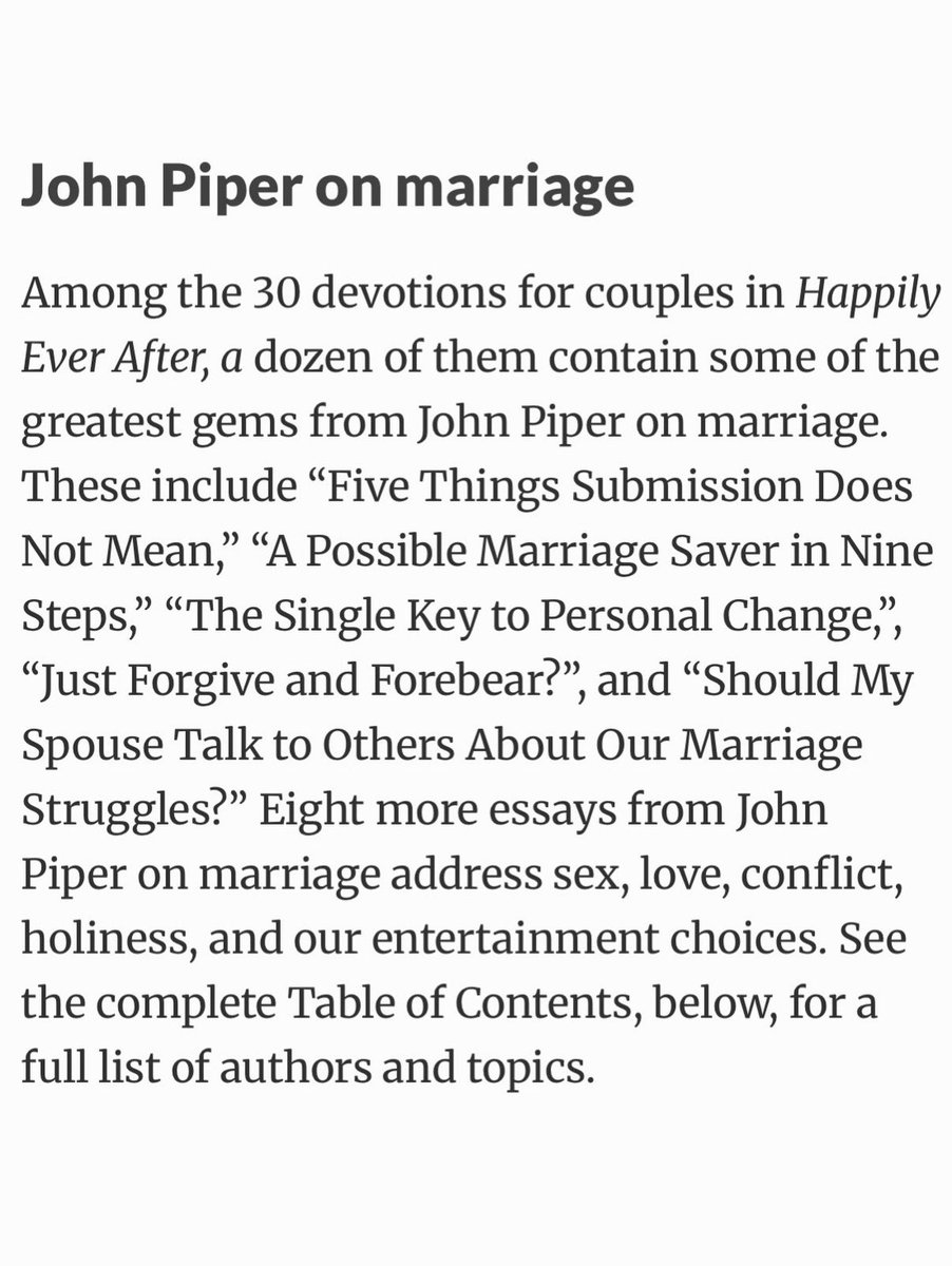 Happily Ever After is a collection of thirty devotional readings—from staff and contributors to <a href="/desiringGod/">Desiring God</a> —to shape, challenge, and inspire you and your spouse’s (or fiancé’s) vision of marriage. <a href="/JohnPiper/">John Piper</a> a.co/d/3Bxn43s