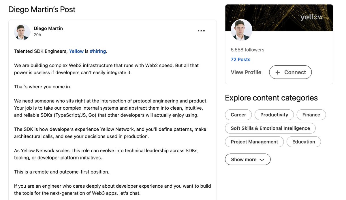 euromandriver's tweet image. Yellow Network is Hiring! 

Yellow is looking for more talented SDK engineers! Maybe you know someone who got what it takes..
Go check out this Job Ad: linkedin.com/posts/diego-ma…

#Devs #programmers #coding #hackers #Yellow  #job #AI #programming #coders #EVM $ETH #web3 #web2