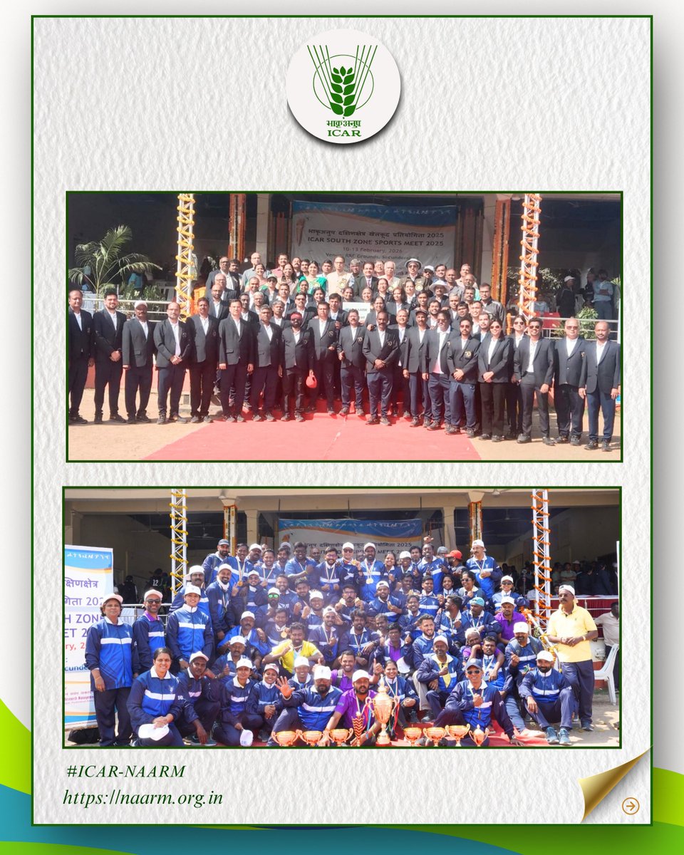 NaarmIcar's tweet photo. ICAR South Zone Sports Tournament closing ceremony was held on February 13, 2026 at RSC grounds Secunderabad. 
@icarindia 

#ICARSouthZoneSports #ICARSports2026 #TeamICAR #Sportsmanship #InstitutionalExcellence  #ICARCMFRI
#NIVEDI #CPCRI #YSRHorticulturalUniversity https://t.co/VzwqofFw3s