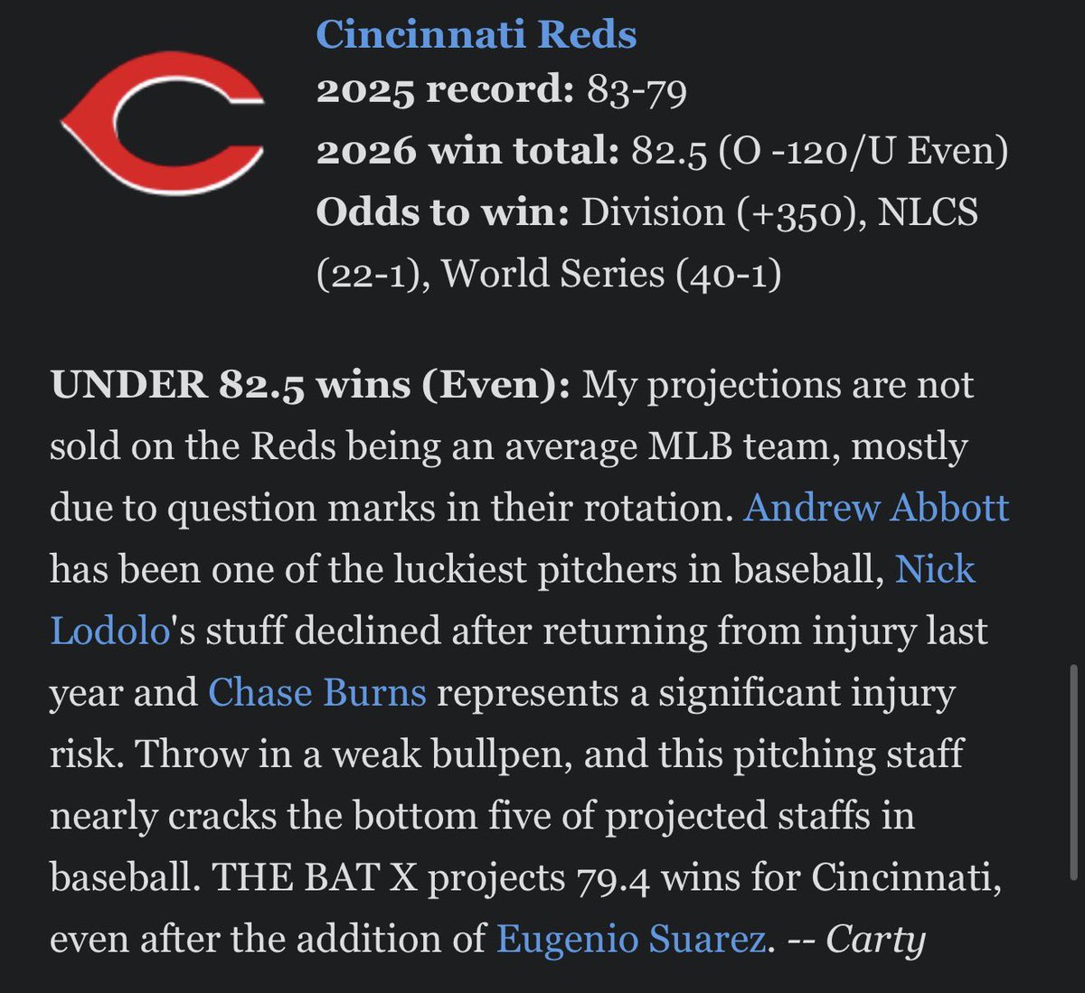 RebuildingReds's tweet photo. Good luck with this take @DerekCarty 

Bottom 5 projected staff in baseball? Think you meant top 5. 

We’ll circle back at end of season, like most ESPN writers you won’t acknowledge and are a COWARD. https://t.co/FcsiZ6fC28