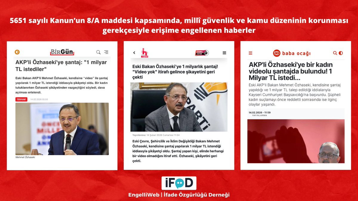 BirGün'den <a href="/ismailari_/">İsmail Arı</a>'nın, AKP'li Mehmet Özhaseki'nin kendisine video ile şantaj yapıldığı hakkındaki haberi, millî güvenlik ve kamu düzeninin korunması gerekçesiyle erişime engellendi. Haber bugün yayınlanmıştı ve aynı gün içerisinde erişime engellendi.