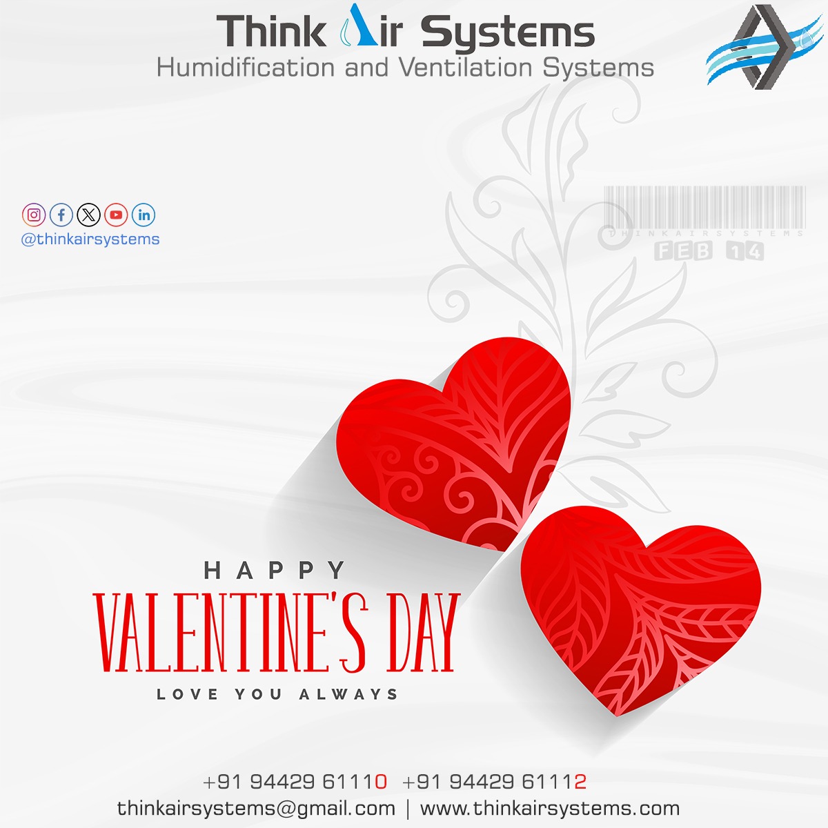 ThinkAirSystems's tweet photo. Think Air Systems Humidification Plant Manufacturer Happy Valentine's Day #Happyvalentinesday #Ventilation #MiniAirWashersystem #FogSystem #sparynozzle  #Damper #AirDiffuser #ExhaustFan #Filter #AirGrill #AirtightDoor #Coolers #Airwasher #AirDuct #MicronFilter #PlantService #HVAC https://t.co/MC44okESkW