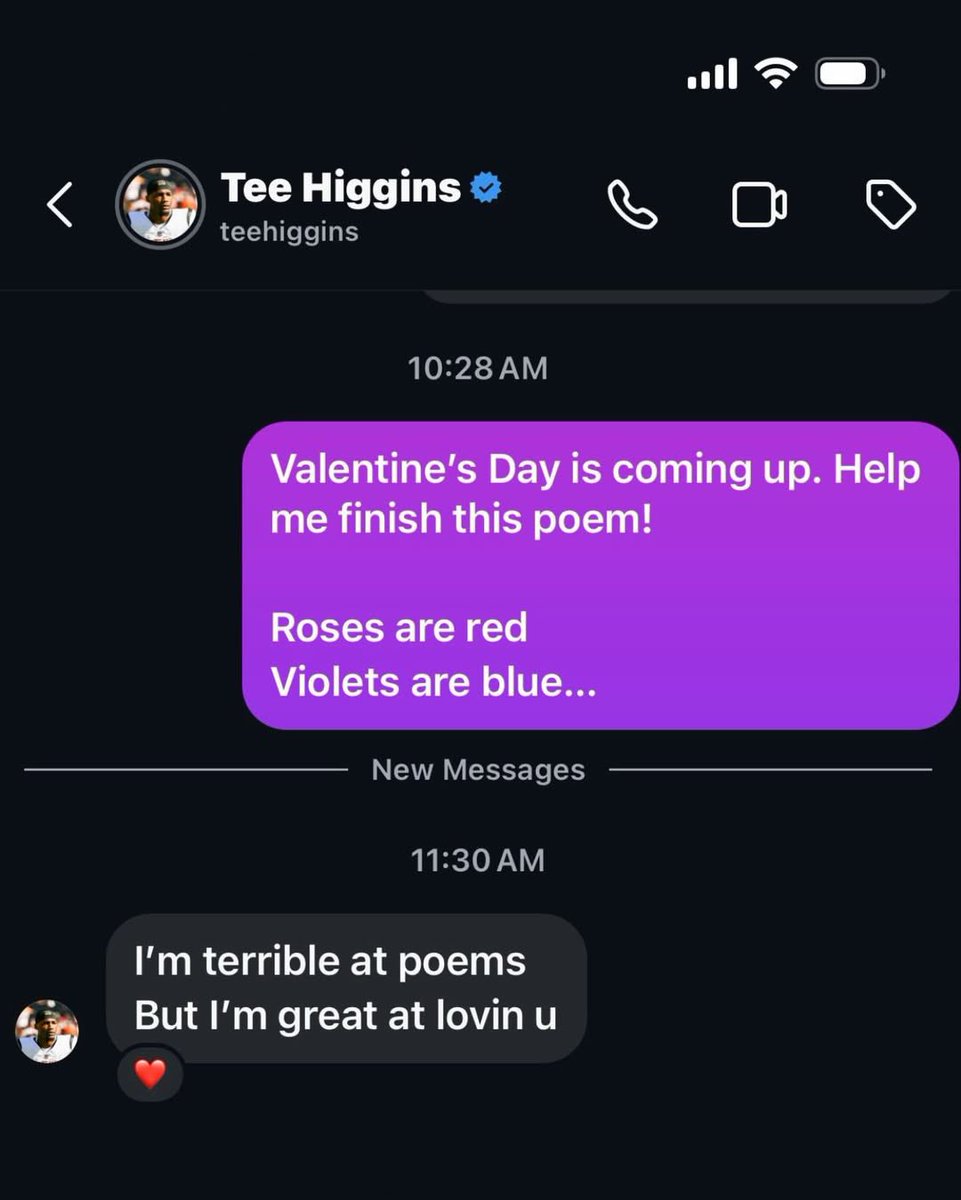 Bengals players with their best romantic lines 

Shout out to the Bengals social media team 😂