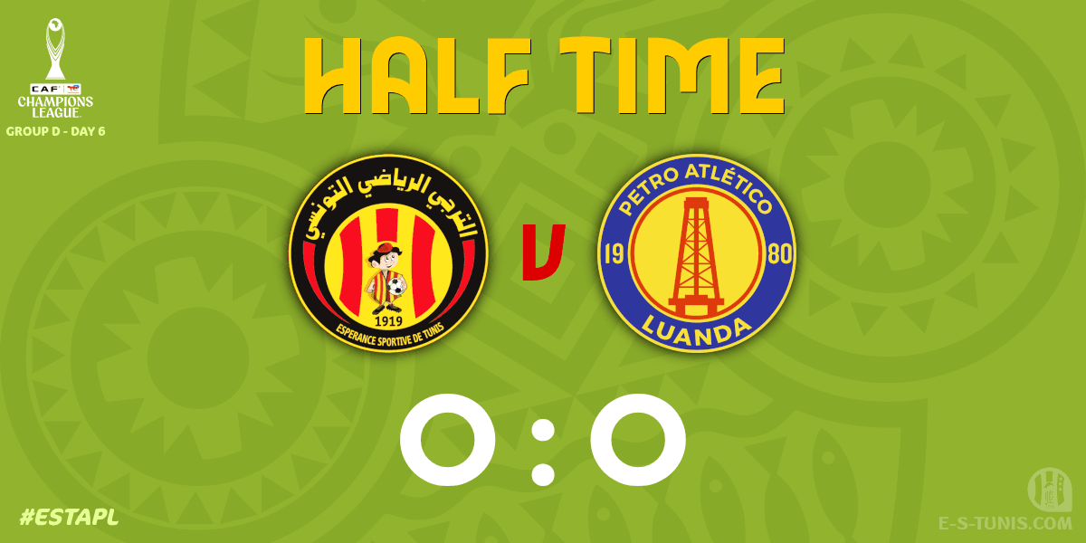 ESTuniscom's tweet photo. ⏱ HT | #TotalEnergiesCAFCL Gr D. Day 6 #ESTAPL | 🇹🇳@ESTuniscom 0⃣-0⃣ @petro_de_luanda🇦🇴 : End of the first half / نهاية الشوط الاول / Fin de la première période https://t.co/Z1tIeSczdL