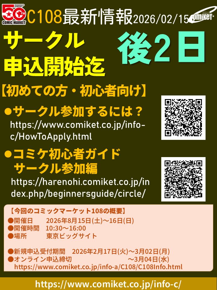 【C108サークル申込開始まで後2日】
初めてサークル参加を考えている方は、以下をまずご確認下さい。
〇サークル参加するには？
comiket.co.jp/info-c/HowToAp…
〇コミケ初心者ガイド サークル参加編 harenohi.comiket.co.jp/index.php/begi…
〇コミックマーケット108のご案内 comiket.co.jp/info-a/C108/C1…