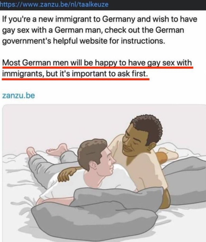 AldoSterone111's tweet photo. Tu es migrant ? "La plupart des hommes allemands sont contents d'avoir des relation sexuelles homo avec toi, mais il est important de demander d'abord". - Je n'ai jamais vu un peuple tomber aussi bas. https://t.co/qCCVH8OlJE