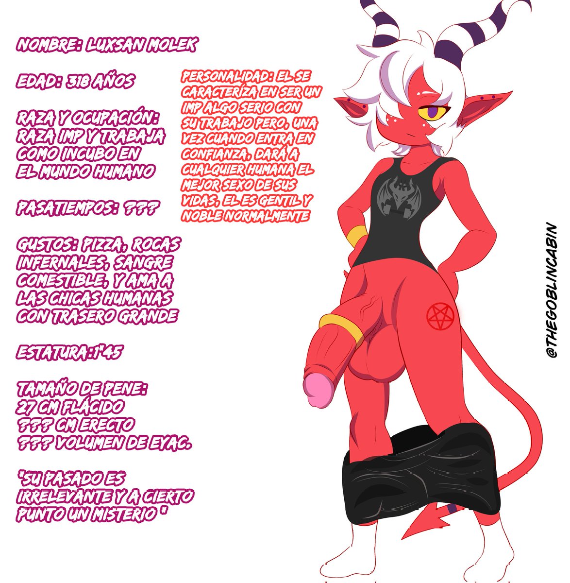 LUXSAN MOLEK! NUEVO OC
FICHA DE PERSONAJE 
RAZA:  demonio clase IMP 
Espero os guste el oc y compartan para más apoyo :3 🦖⭐

#Oc #ocart  #rule34 #HelluvaBoss