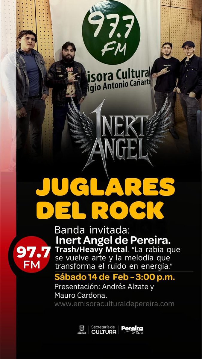 Esta tarde 3 pm en 97.7 Fm <a href="/EmisCulturalRAC/">Emisora Cultural RAC</a> #JuglaresdelRock hoy con Inert Ángel e info del festival Rockafést ( convocatoria abierta forms.gle/AJMKzMWYmcAn7L… ) y el nuevo sencillo de <a href="/MariaJuanaNSHM/">MARIA JUANA NO SE HA MUERTO</a> emisoraculturaldepereira.com