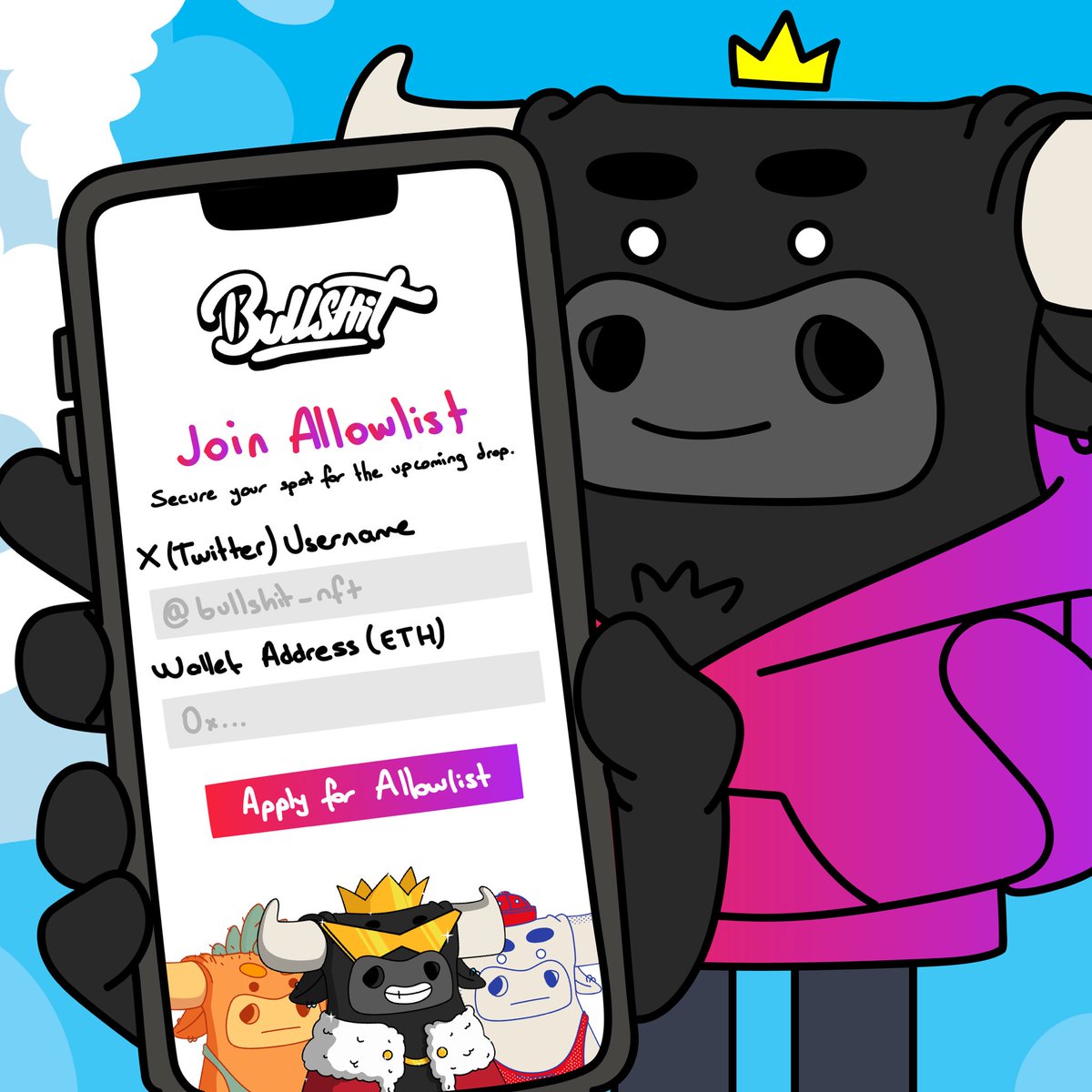 The door is open, grab the chance.

Fill the form — getbullshit.wtf
Allowlist FreeMint (Randomly)

To be eligible👇
Like,retweet and drop a comment.