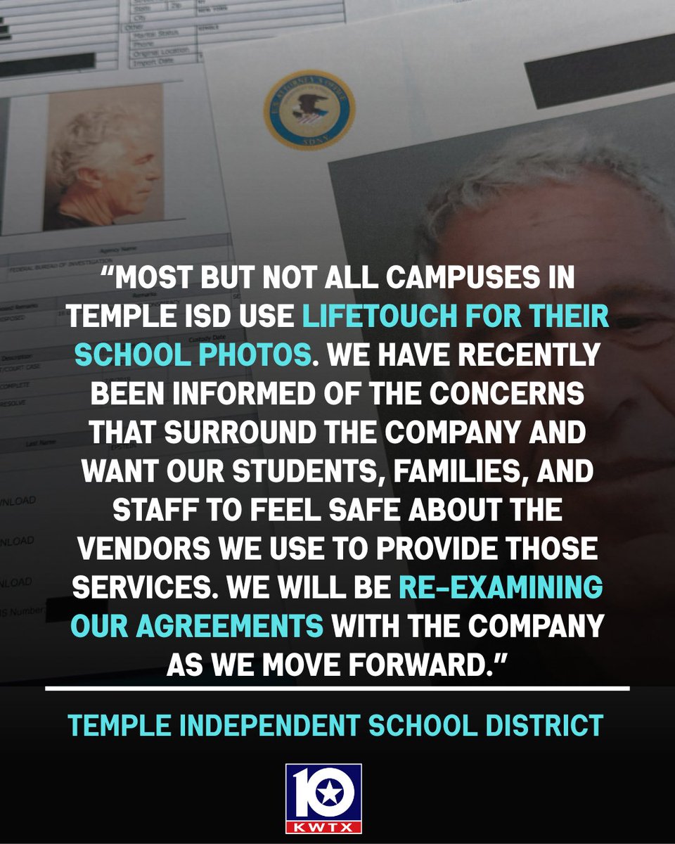 kwtx's tweet photo. Some #TEXAS districts are canceling school photos after a former #LIFETOUCH Photography executive was named in the #EpsteinFiles. ℹ️https://t.co/wevJ1R36d7
Here is the Temple Independent School District's response: https://t.co/0vOqp1O3xn