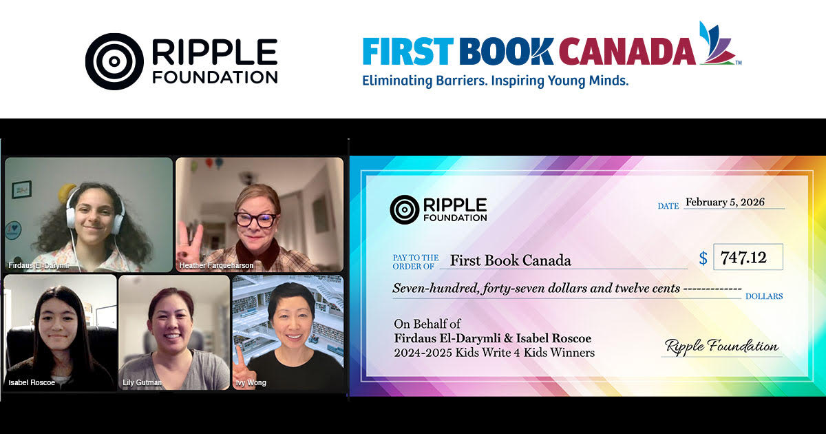 Ripplefdn's tweet photo. Each year, our #KidsWrite4Kids Story Contest winners get to choose where we donate the proceeds of that year's book sales. This past week, winners Firdaus El-Darymli and Isabel Roscoe were pleased to present a donation to @FirstBookCanada

Learn more: https://t.co/iUBxkaPQ1M https://t.co/mLGArPeh4p