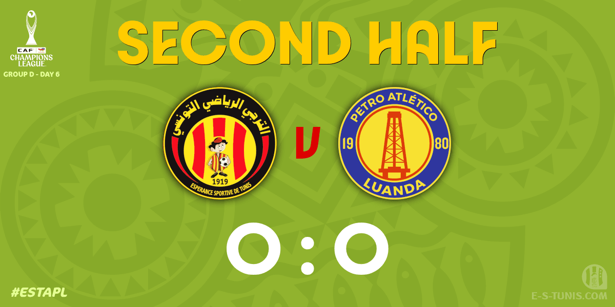 ESTuniscom's tweet photo. ⏱ 46' | #TotalEnergiesCAFCL Gr D. Day 6 #ESTAPL | 🇹🇳@ESTuniscom 0⃣-0⃣ @petro_de_luanda🇦🇴 : The second half kicks off / بداية الشوط الثاني / Coup d'envoi de la seconde période https://t.co/1m9eSRCOcH