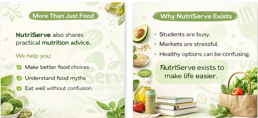My Day 13 entry for the <a href="/gdgoc_funaab/">GDG on Campus, FUNAAB</a> 

Task: Carousel design (3-5 slides)

A simple carousel design for NutriServe, focused on clarity, freshness, and ease.
Each slide explains who they are, what they offer, how it works, and why the brand exists making good food feel simple and