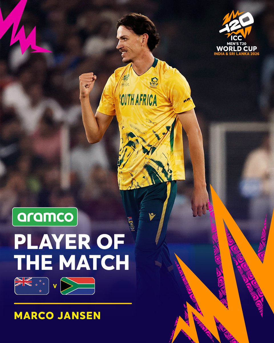 ICC's tweet photo. Marco Jansen's efficient display helped South Africa to a comprehensive win in Ahmedabad 👊

He's the @aramco POTM 🥇 https://t.co/Wrgt2qQjK7