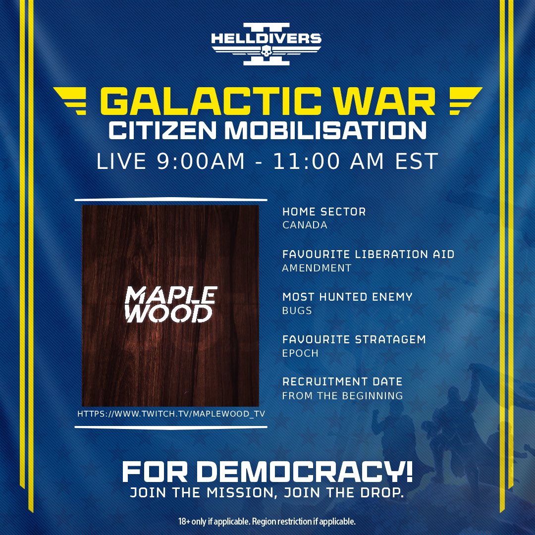 helldivers2's tweet image. TRANSMISSION FROM SUPER EARTH

Operations across Cyberstan are intensifying. Enemy forces continue to fortify their positions. Additional Helldivers are needed to support frontline efforts.

Propaganda Commander @Maplewood_tv is recruiting volunteers on 15th February for combat