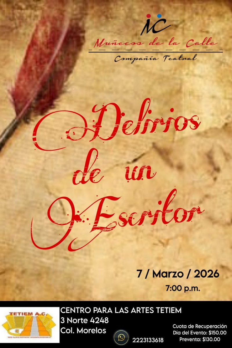 "La vida está llena de ilusiones; la realidad es que la vida es así: sin ilusiones." 💔
Próximamente en #Puebla , una historia sobre el amor y desamor a través de la pluma de un autor. 

#SomosTestro <a href="/NoticiasCholula/">Noticias de Cholula</a> #TeatroPoblano #Escritor <a href="/NoticiasConLalo/">Eduardo Pérez Jardines</a> <a href="/IMACP/">Instituto Municipal de Arte y Cultura de Puebla</a> <a href="/tetiemteatro/">TETIEM</a>