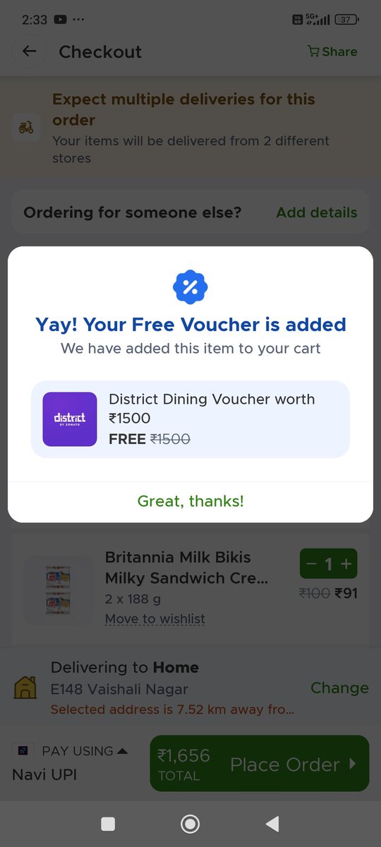 <a href="/zomato/">zomato</a>
<a href="/letsblinkit/">Blinkit</a> 
<a href="/Swiggy/">Swiggy</a>
<a href="/instamart_it/">Instamart</a> <a href="/jagograhakjago/">Consumer Affairs</a>
मेरे ऑर्डर के समय cart में free voucher auto-added दिख रहा था, लेकिन order के बाद benefit deny कर दिया गया। Support गलत जानकारी दे रहा है कि voucher apply ही नहीं था। कृपया resolve करें