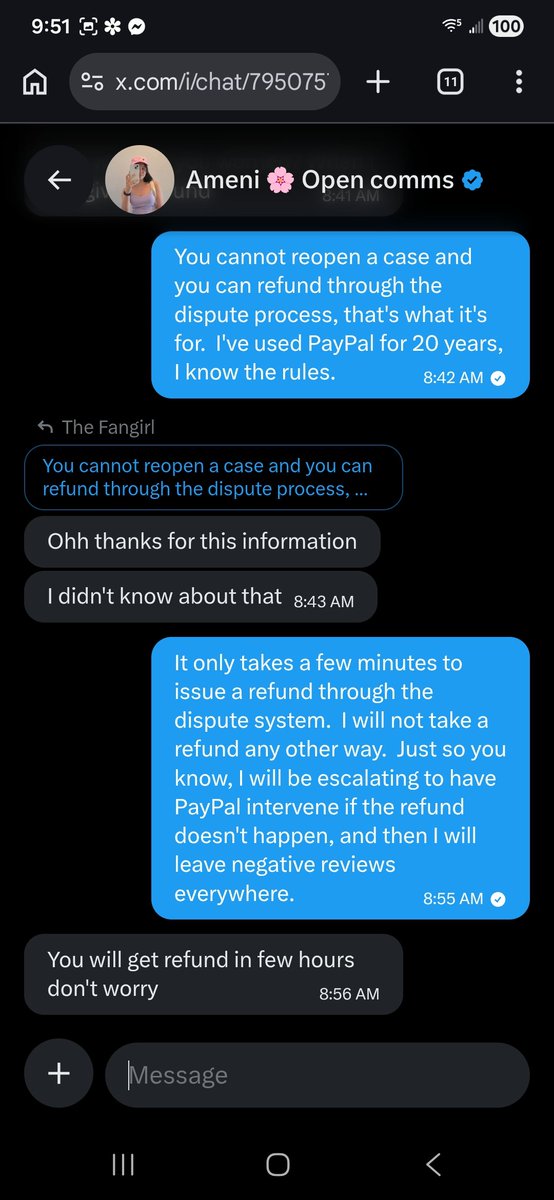 The_Fanily's tweet photo. I don't know art, but I do know PayPal scams.  @Ameni_Designz  aka Innovative System Solutions LLC tried to sell me AI art, admitted to doing it, agreed to refund me if I opened a PayPal case, then tried to con me into closing the case.  Don't use them, it's a scammer. https://t.co/SOLxglFcIl