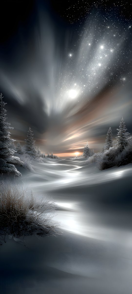 Halleyapps's tweet image. Visual Harmony!
Stellar pathfinding simulation. The algorithmic interplay between snow roughness maps and ethereal volumetric lighting creates a perfect silence. 

#DigitalArt #Composition #Nightscape