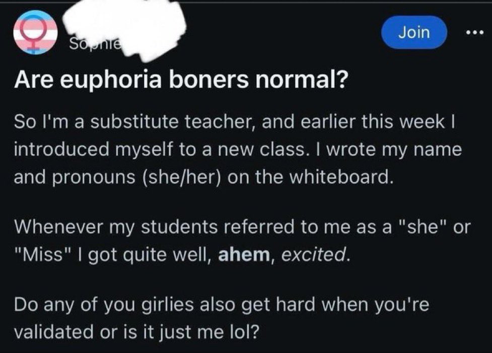 Trans-identified male teacher gets erect around their students when the kids use his “preferred pronouns.”

Sick. Absolutely SICK. 

These people should not be allowed within 500 yards of children. And sweep the hard drives.