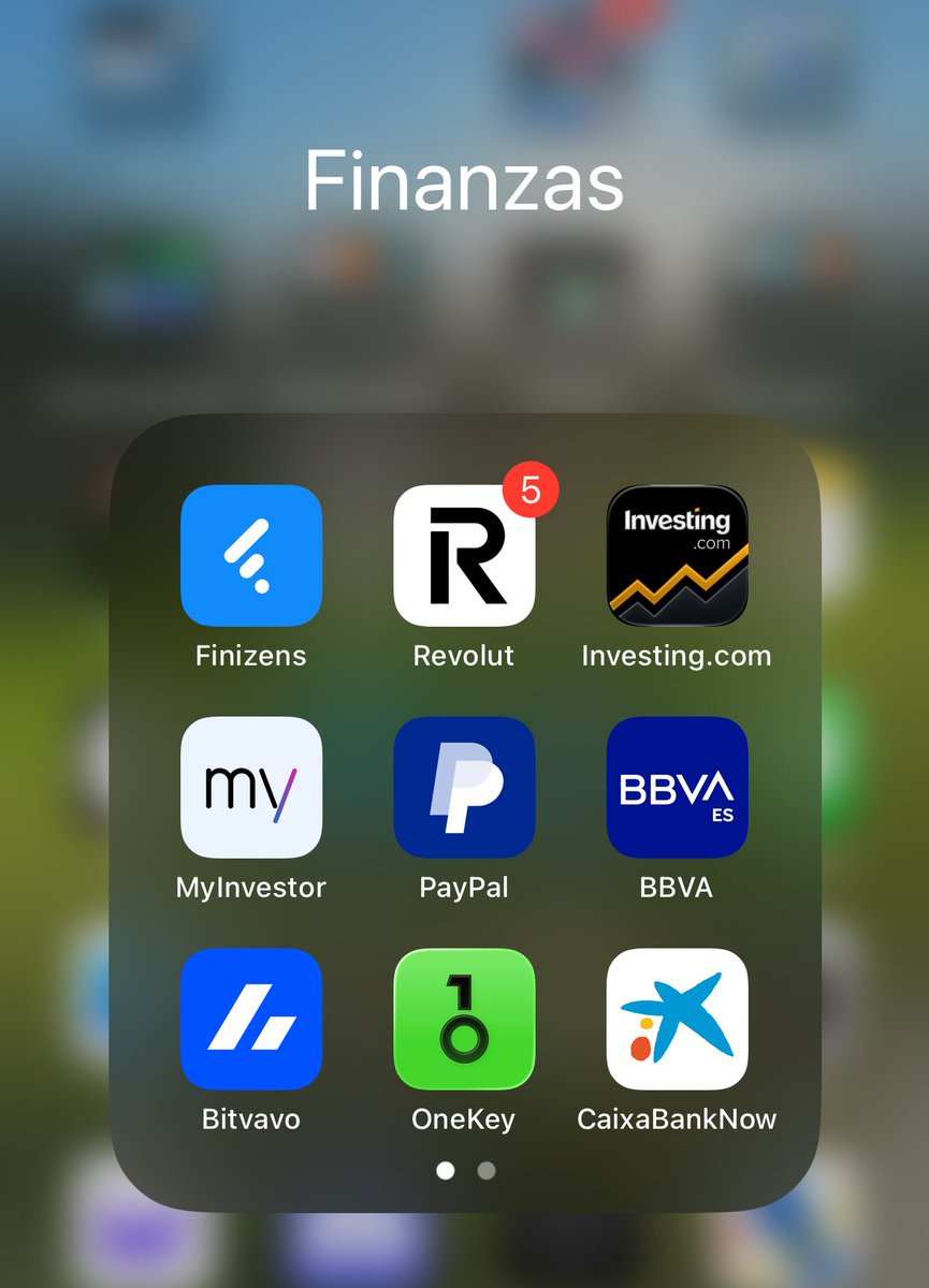 Finizens → Roboadvisor
BBVA → Cuenta autónomo
Revolut → Cuenta remunerada
Paypal → Pagos Internacionales
Caixabank → Plan de Pensiones
MyInvestor → Fondos Indexados
Investing → Comprobar precios diarios
Bitvavo → Exchange de Cryptomonedas
Onekey → Billetera Fría