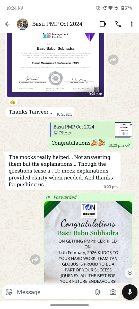 tanveermsayed's tweet photo. 🎉 PMP Success at TAN Globus!
Congratulations to Basu Babu Subhadra for achieving PMP® today
“The mocks and explanations gave real clarity. Thanks for pushing us.”
Join the next PMP batch &amp; get PMP
5000+ successful PMPs trained.
https://t.co/GlBupYmnL0
WhatsApp: +91-9604219878 https://t.co/r2e7WRs7Hb