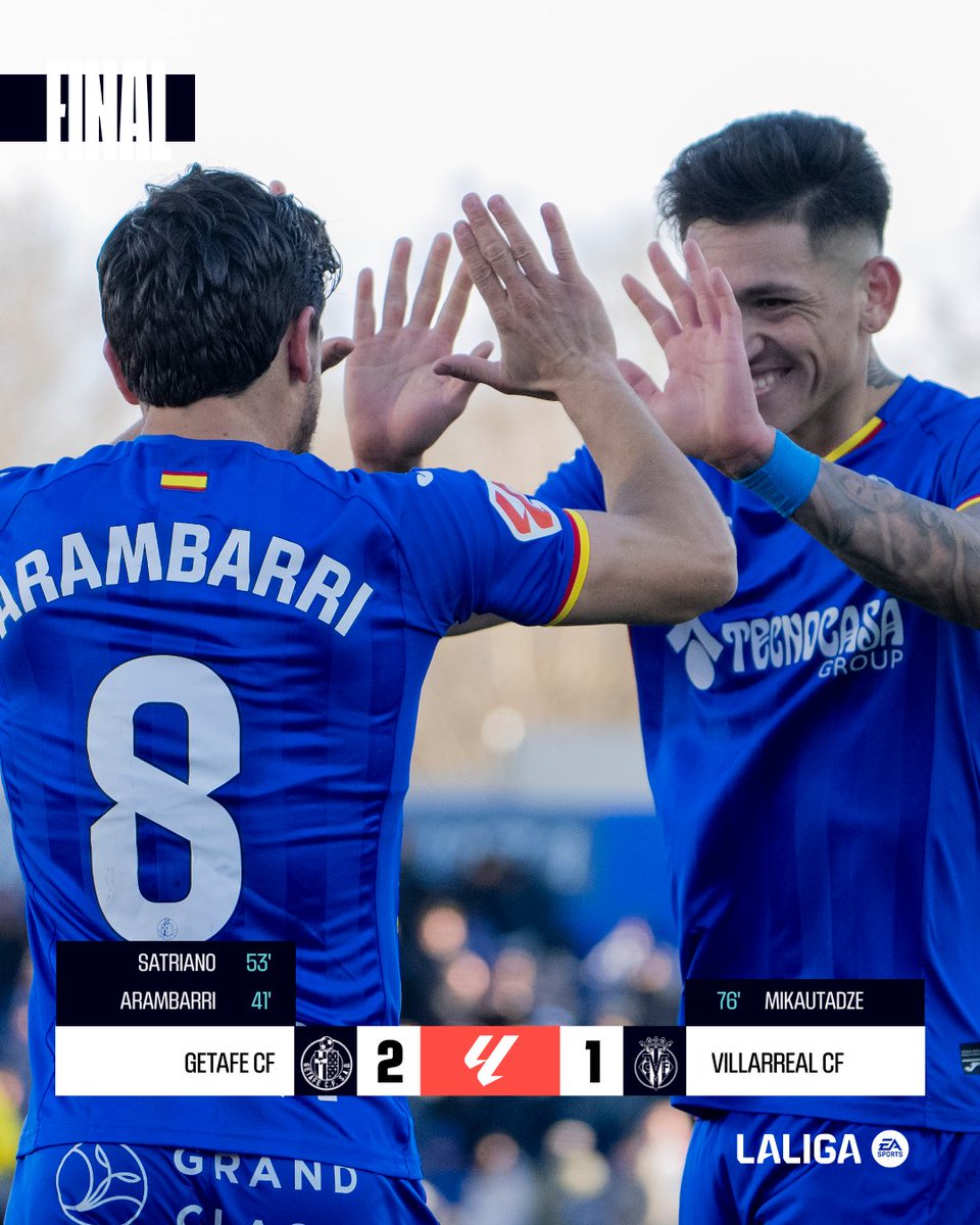 LaLiga's tweet image. FINAL #GetafeVillarreal 2-1

💙 ¡Los goles de los uruguayos Arambarri y Satriano le dan la victoria al @GetafeCF en #LALIGAEASPORTS!