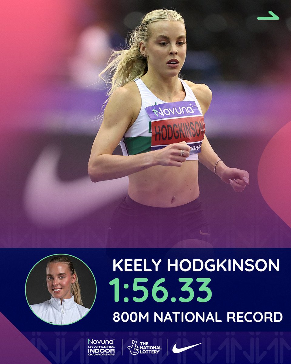 BritAthletics's tweet image. NATIONAL RECORD for Keely Hodgkinson 🔥

She runs 1:56.33 in the women’s 800m heats to set an indoor NR and move up to third on the world all-time list 🌟

#UKIndoorChamps