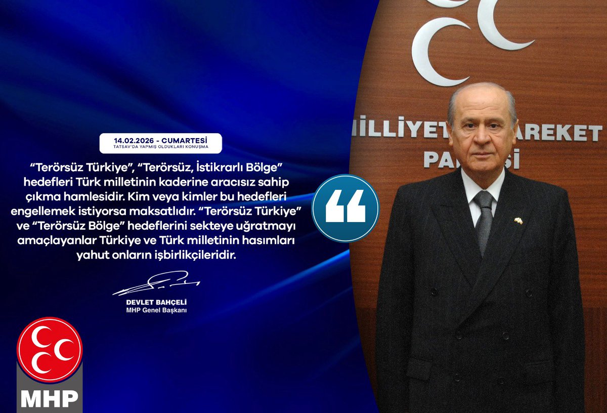 ayyildirim1's tweet photo. “Terörsüz Türkiye”, “Terörsüz, İstikrarlı Bölge” hedefleri Türk milletinin kaderine aracısız sahip çıkma hamlesidir. Kim veya kimler bu hedefleri engellemek istiyorsa maksatlıdır. “Terörsüz Türkiye” ve “Terörsüz Bölge” hedeflerini sekteye uğratmayı amaçlayanlar Türkiye ve Türk milletinin hasımları yahut onların işbirlikçileridir.

MHP Genel Başkanı
Devlet BAHÇELİ