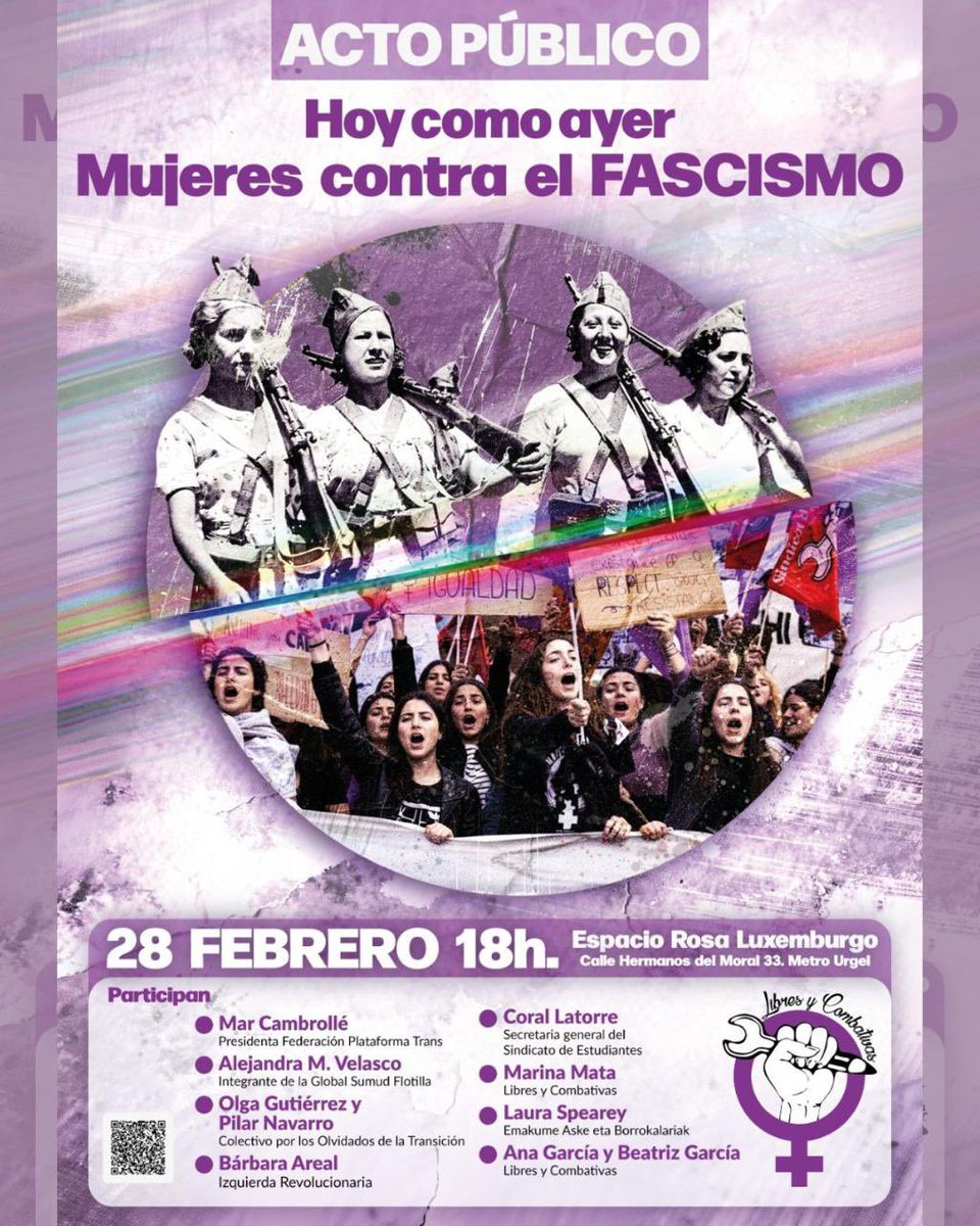 Las mujeres estamos en primera línea contra el fascismo y la historia lo demuestra, es más necesario que nunca recuperar esa memoria y convertirla en fuerza organizada.
Por eso os invitamos a todxs al ACTO PÚBLICO: Hoy como ayer mujeres contra el fascismo en Madrid✊🏽💜