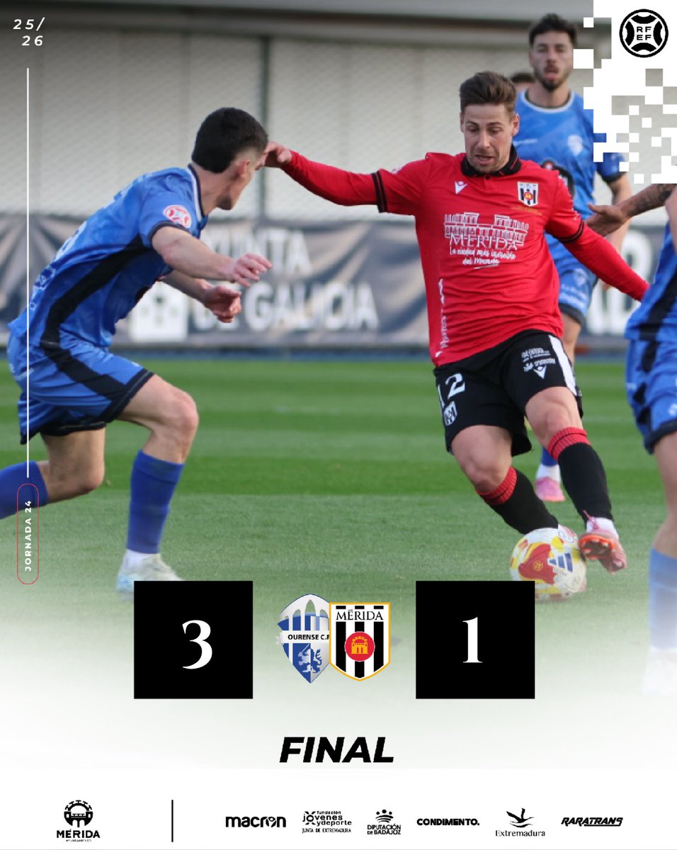 Final del partido en el Estadio de O Couto con derrota de nuestro romanos

<a href="/Ourense_CF/">Ourense CF</a> 3-1 <a href="/Merida_AD/">A.D. Mérida</a> 

⚽️ Javi Areso

#OurenseMérida