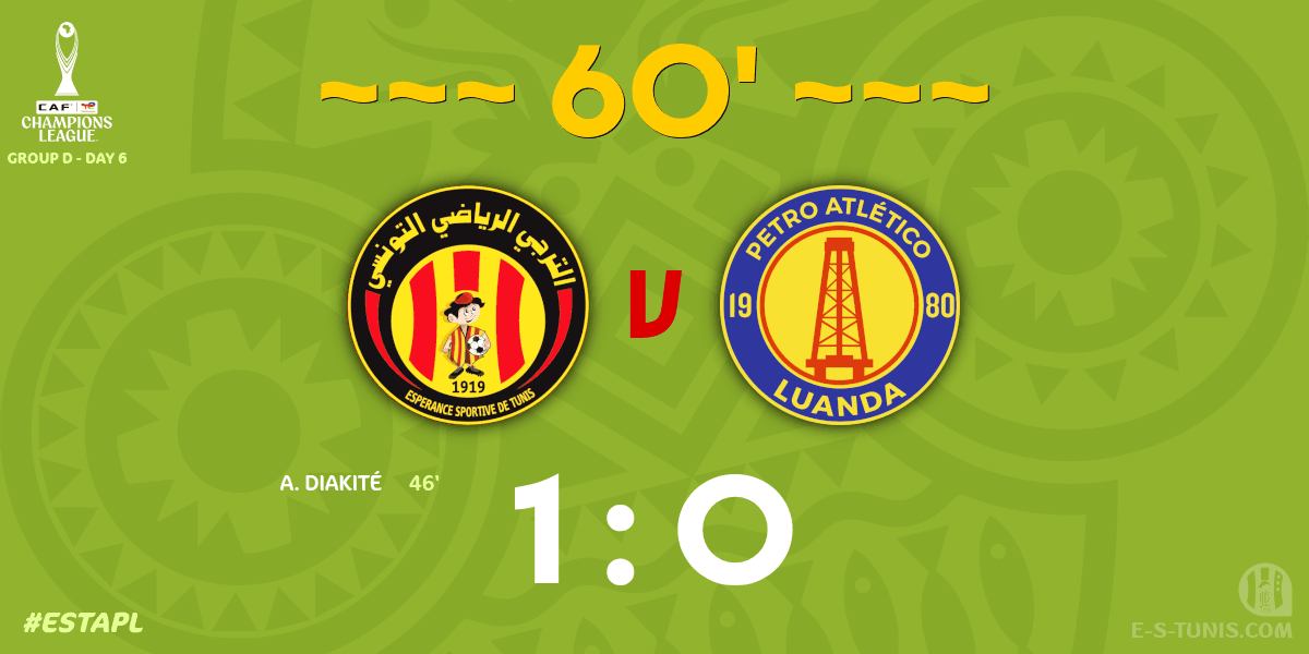 ESTuniscom's tweet photo. ⏱ 60' | #TotalEnergiesCAFCL Gr D. Day 6 #ESTAPL | 🇹🇳@ESTuniscom 1⃣-0⃣ @petro_de_luanda🇦🇴 : Score reminder / تذكير بالنتيجة / Rappel du score https://t.co/QB3QScoF2r