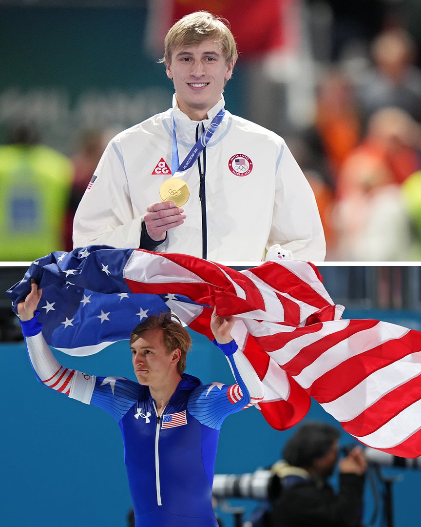 Jordan Stolz won gold in the 500m and the 1000m, becoming the second man to win gold in both events in the same Olympics‼️ 

Stolz also set a new Olympic record in the 500m 🥇