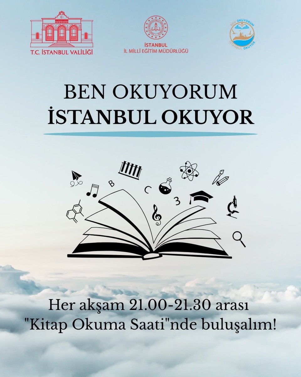 📚 #BenOkuyorumİstanbulOkuyor projesi kapsamında başlattığımız okuma etkinliğine sen de katıl!

Her akşam 21.00- 21.30 arası yarım saatini kitap okumaya ayır!

✨️ Haydi İstanbul, hep birlikte okuyalım!

<a href="/tcmeb/">Millî Eğitim Bakanlığı</a> <a href="/Yusuf__Tekin/">Yusuf Tekin</a> 
<a href="/TC_istanbul/">TC İstanbul Valiliği</a> <a href="/gul_davut/">Davut GÜL</a> 
<a href="/MucahitYentur/">Murat Mücahit Yentür</a>