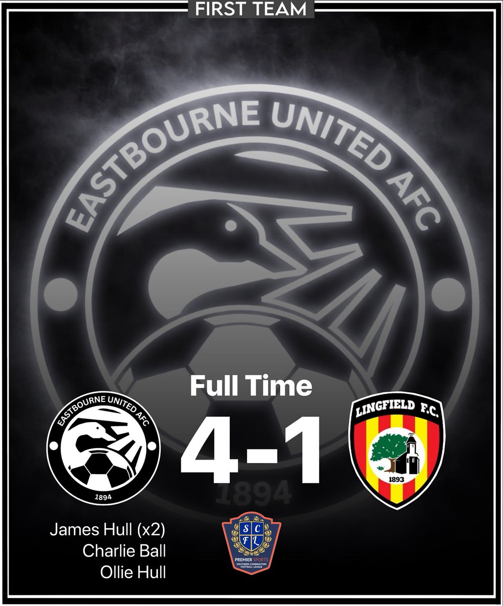 eastbourneuafc's tweet photo. 𝗙𝗨𝗟𝗟 𝗧𝗜𝗠𝗘 ⚫️⚪️

EUAFC 4–1 Lingfield FC

Goalscorers:
⚽️⚽️ James Hull
⚽️ Charlie Ball
⚽️ Ollie Hull

@macronhastings @EBChamber @level_scaffold @TheOvalArena3G @TheSnlf https://t.co/NrhIsgJKU0