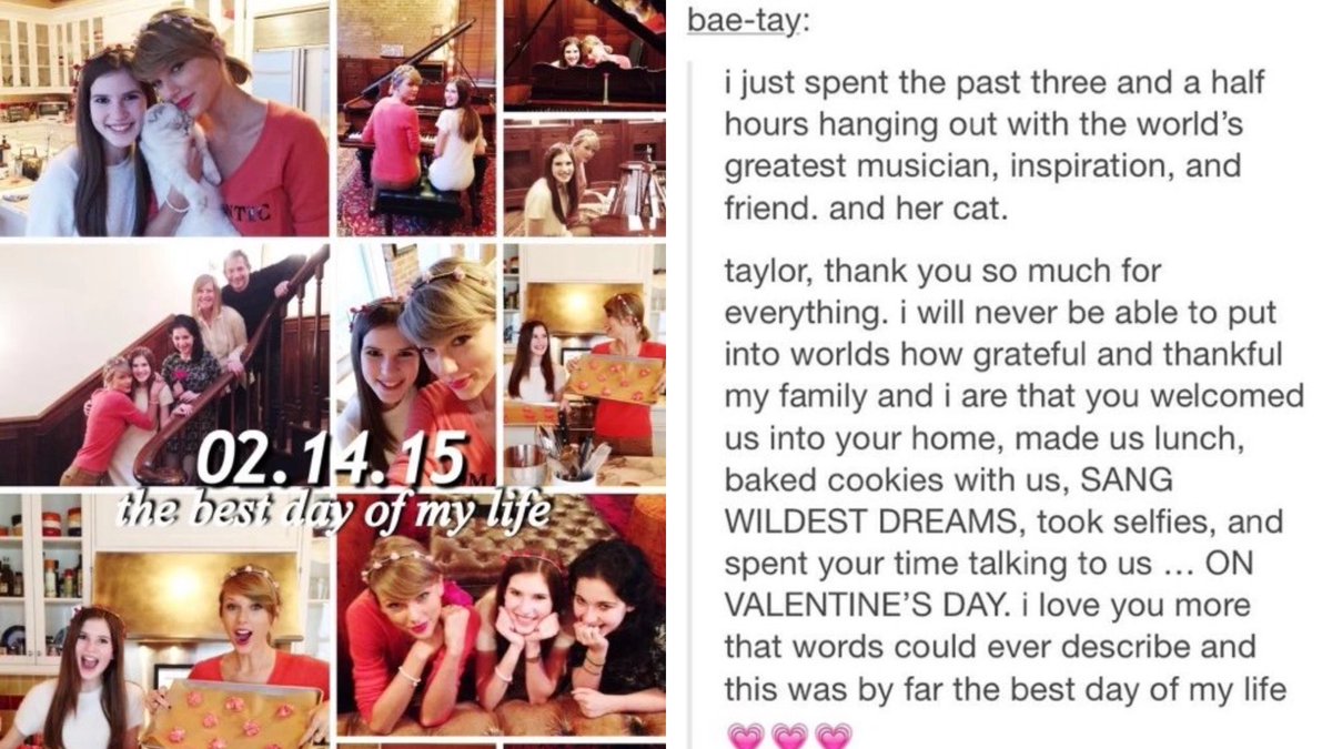 🚨| 11 years ago today, Taylor Swift invited a fan named Sophie and her family to her apartment to spend Valentine’s Day with her after lurking her Tumblr!

She baked cookies with them, served them food, sang Wildest Dreams, gave Sophie a matching flower crown, they took pictures