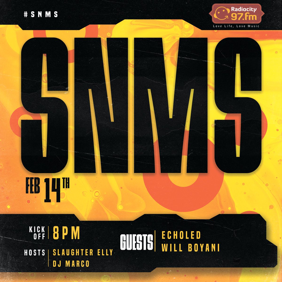. #SNMS is on now @97fmradiocity.
Check in for good music and awesome conversations.

In the building with @dj_marco25 as always.
Our guests tonight are @echoled11 and <a href="/willboyani/">Will BOYANI</a>
#DreamWeekend 
Radiocity.ug