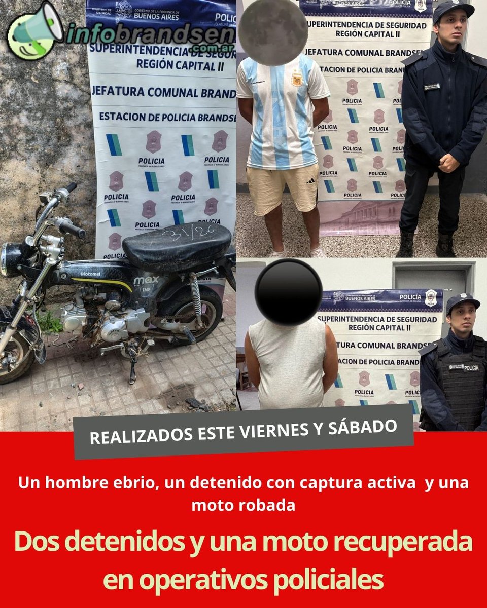 Dos detenidos y una moto recuperada en operativos policiales 

Personal policial  llevó adelante operativos que derivaron en la detención de un hombre con pedido de captura , la aprehensión de otro por disturbios y el hallazgo de una motocicleta 

+INFO👇

infobrandsen.com.ar/2026/02/14/dos…