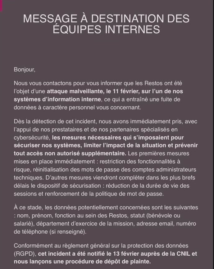 🤬🤬🤬 Il y a vraiment des petites m3rdes qui n'ont rien d'autres à faire que pirater les restos du coeur... et je pèse mes mots ! 

Ça me rend vert ! 

Les données personnelles de ces bénévoles se retrouvent partagées pour certaines et pour d'autres à la vente sur le darkweb...