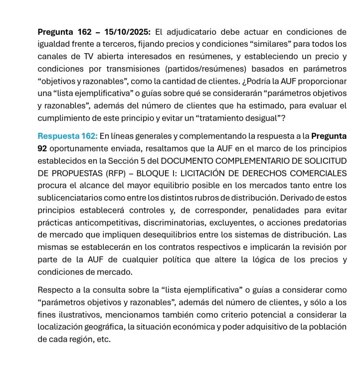 #DerechosTV

🚨 Sobre el Dumping y/o servicio gratuito, tema de discusión en las negociaciones entre AUF y Tenfield/Antel por el contrato, es necesario leer lo que indica el Pliego y las respuestas de AUF en el proceso de preguntas, y luego sacar sus propias conclusiones 👇