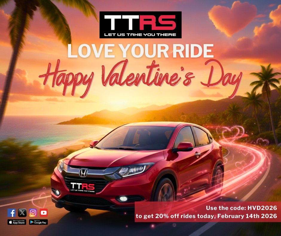 ttrideshare_'s tweet photo. Happy Valentine’s Day! ❤️ Enjoy 20% OFF your rides today with code: HVD2026. 🚗 Valid until 8 PM! Thank you for choosing TT RideShare. Our support team is here 24/7! 🌹 
#ValentinesDay #TTRideShare #LoveYourRide https://t.co/aw3F8nIbAw