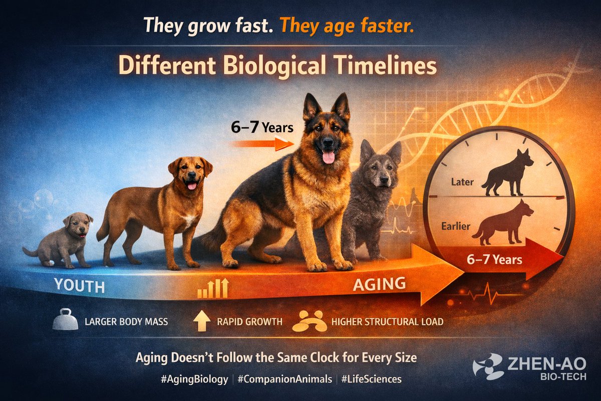 ZhenAoBioTech's tweet photo. They grow fast.
They age faster.
Large-breed dogs live on a different biological timeline.

While small and medium breeds often enter senior stages later, many large dogs begin age-associated shifts around 6–7 years.

It isn’t weakness.
It’s metabolic scale.

Greater body mass, higher growth velocity, and structural load all influence lifespan dynamics.
Aging doesn’t follow the same clock for every size.

#AgingBiology #CompanionAnimals #LifeSciences