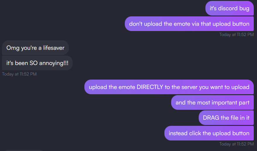 If your Discord emote is under 256KB but Discord won’t upload, upload it directly inside the target server instead of using the Upload button! 
Also, drag and drop the file into Discord rather than clicking upload!