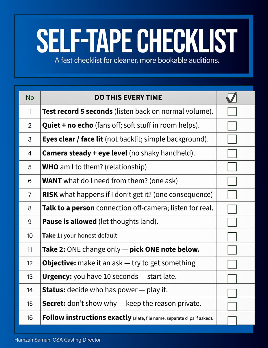 SELF-TAPE CHECKLIST (2-TAKE METHOD)
Before you hit record:
✅ Audio test (5 seconds)
✅ Quiet room + no echo
✅ Face lit / eyes clear
✅ WHO / WANT / RISK

Then:
✅ Take 1: honest default
✅ Take 2: ONE change (choose 1 note)
✅ Follow directions exactly

#AuditionTips #Actors