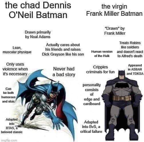 CaptainRyanide's tweet photo. @thelilmosquito Frank miller’s Batman is a facsist, the mainline Batman is a pragmatic moderate who funds Arkham Asylum https://t.co/4QHeRvRvrw