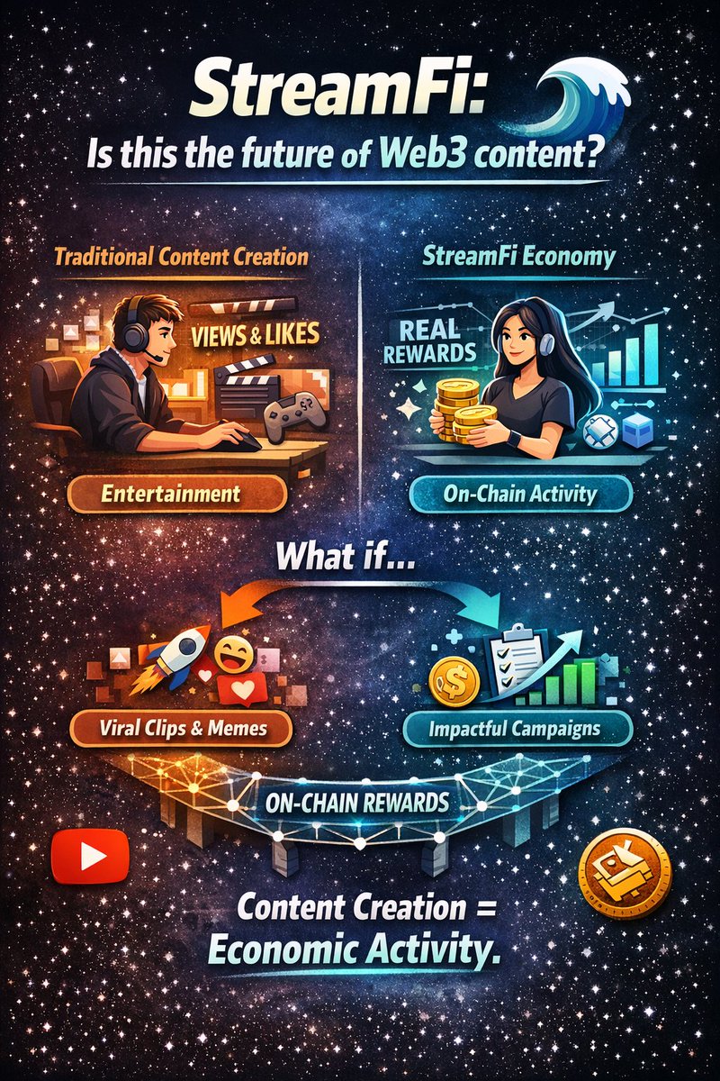 SamsonAremu8007's tweet image. StreamFi: Is this the future of Web3 content? 🌊
What if content creation wasn’t just entertainment
But an on-chain economic activity designed to reward real impact?
#StreamFi #CROSSPLAY #CROSSWave