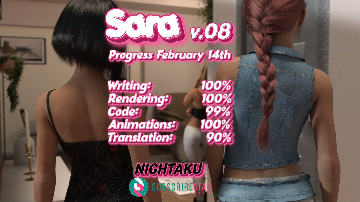 SARA v.08 🔞PROGRESS FEBRUARY 14th
COMING SOON!
Well, guys, we're almost there! The next post will be the release of v.08!
Happy Valentine's Day to all you lovers out there!
Discord: discord.gg/c5strJDPeq
Subscribestar: subscribestar.adult/game-sara