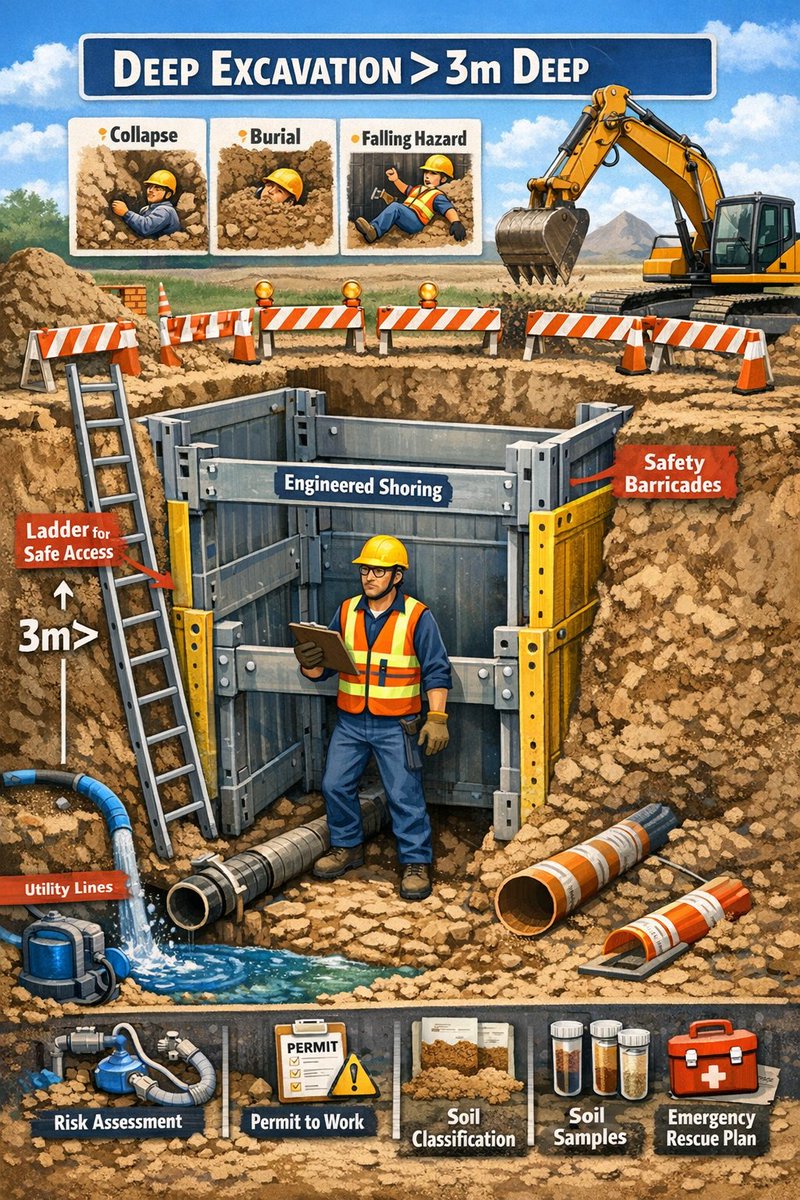 Abdulsabeel5's tweet photo. If Excavation Goes Deeper Than 3 Meters, What Plan Is Required?

📘 Requirement

If excavation depth exceeds 3 meters, a detailed Excavation Plan and Shoring/Sloping Design is required.

Also require:

✔ Risk Assessment
✔ Method Statement
✔ Permit to Work
✔ Soil classification
✔ Emergency rescue plan

🎯 Why?

Deep excavation can cause:

⚠ Collapse
⚠ Burial
⚠ Suffocation
⚠ Falling hazards
⚠ Underground utility damage

📌 Additional Safety Controls

✔ Proper shoring or trench box
✔ Engineered design
✔ Daily inspection by competent person
✔ Safe access (ladder every 7–8 meters)
✔ Barricading
✔ Dewatering system

📌 Example

Excavation 4 meters deep for pipeline.

Before work:

 • Soil type checked
• Shoring installed
• Engineer approved drawing
• Permit issued

Then work starts safely.

🎤 Interview Line

“For excavation deeper than 3 meters, engineered shoring design, risk assessment, and excavation permit are mandatory.”

#DeepExcavation #ExcavationSafety #ShoringSystem #ConstructionSafety #PermitToWork #HSEOfficer #fblifestyle