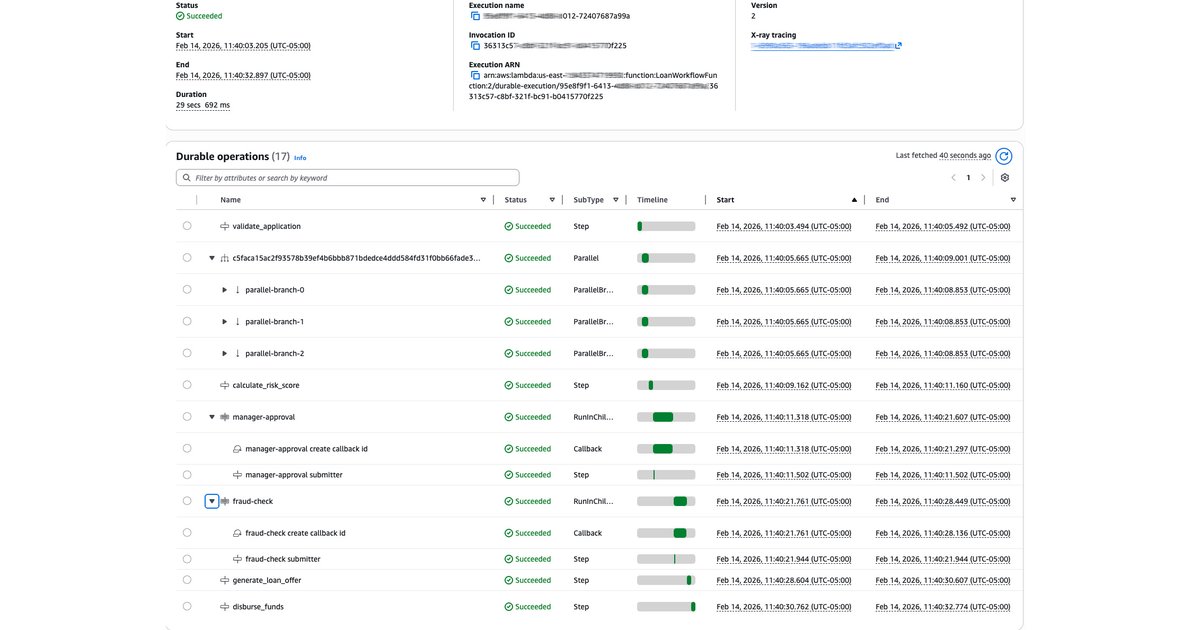 RDarrylR's tweet image. 🆕 In my latest blog post I dig into #AWS #Lambda #DurableFunctions and how they change the approach to long-running serverless workflows. I built a full loan approval demo with checkpoints, parallel execution, callbacks, and a React frontend to put the service through its paces.